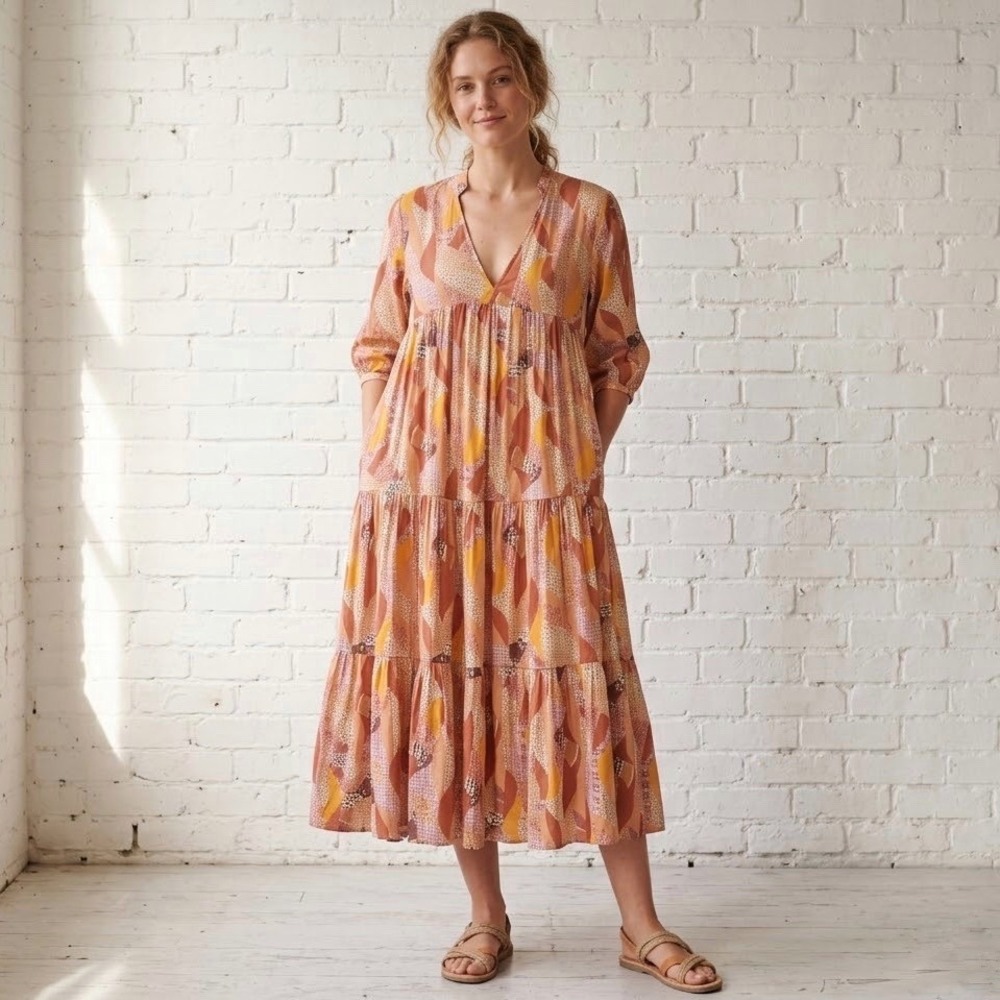 Axara Paris | Geometric Patchwork Tiered‎ Boho Maxi Dress Size L